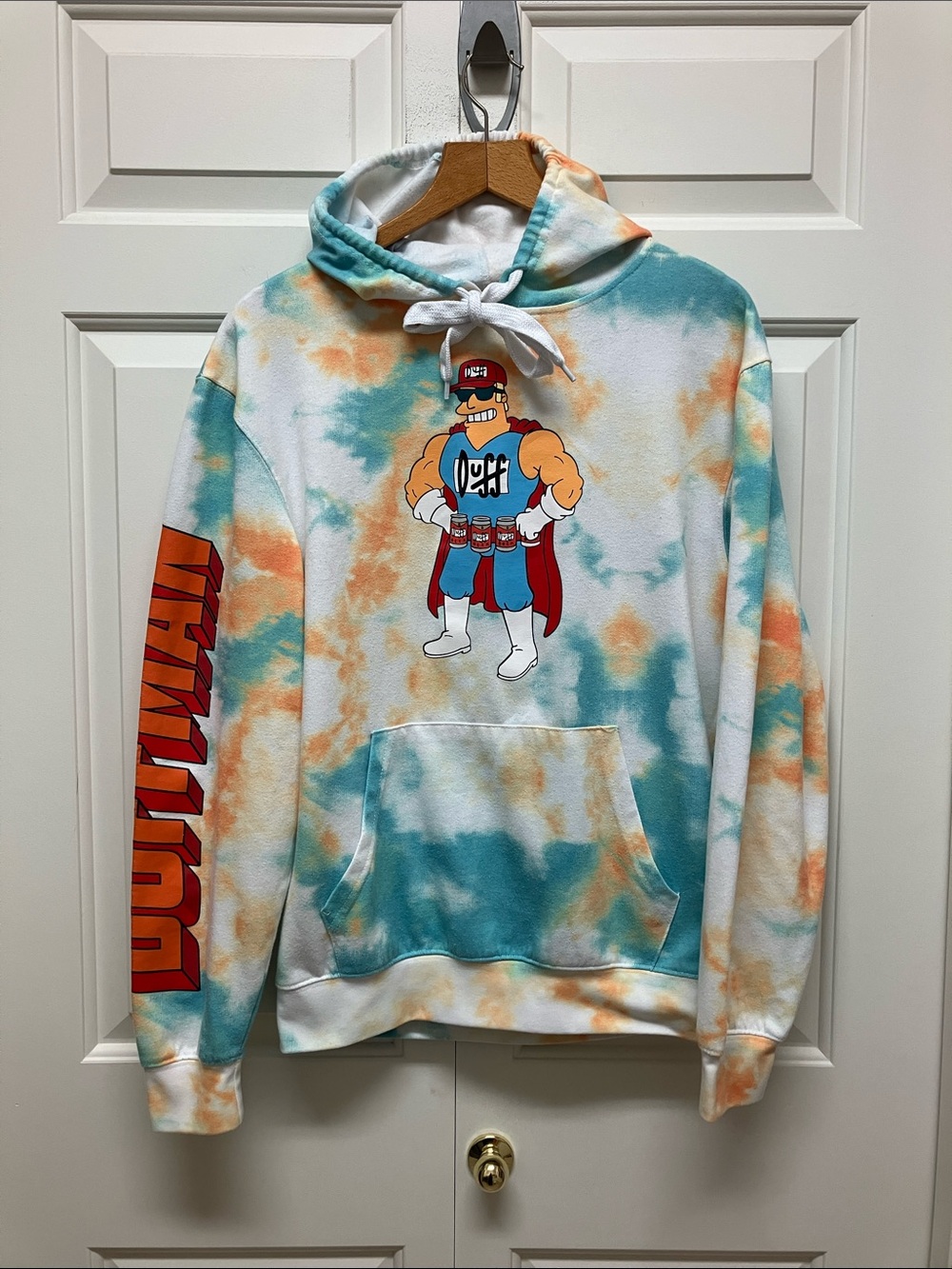The Simpsons “Duffman” tie-dye pull over hoodie, teal blue, orange, licensed, L